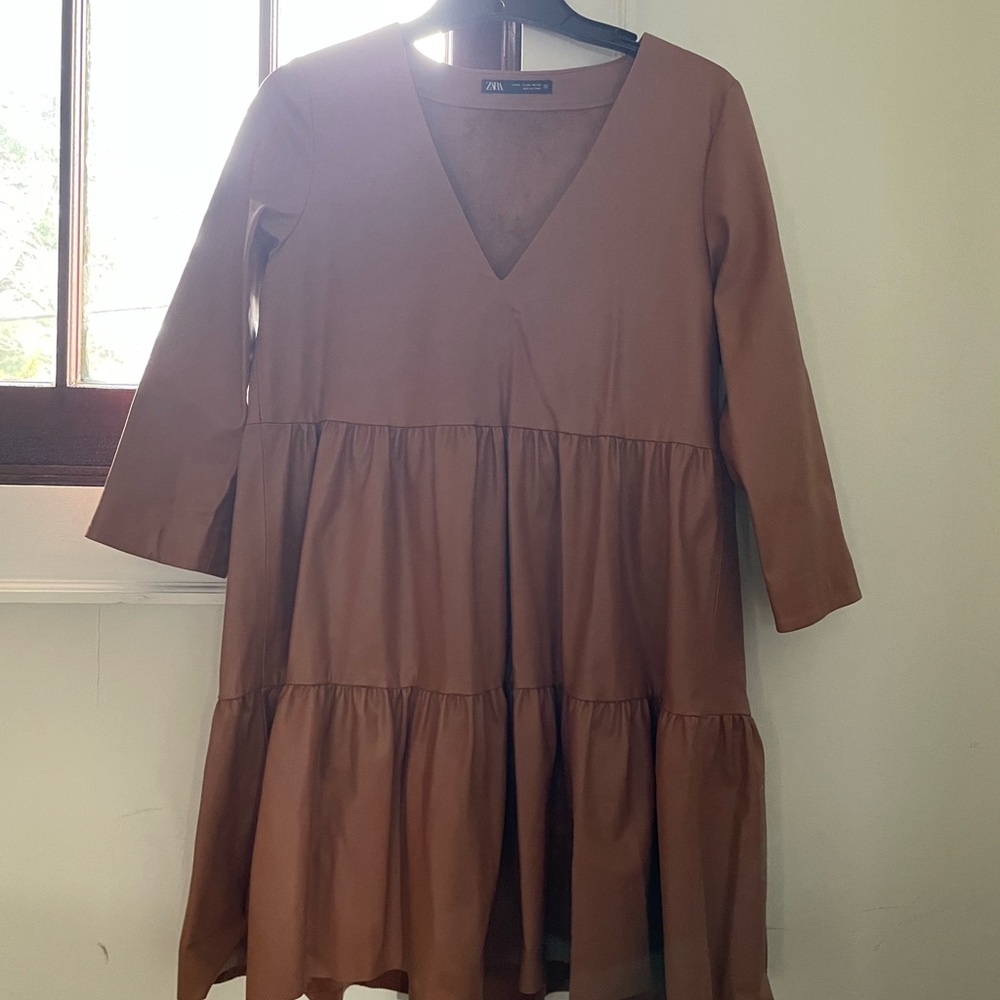 Zara Tan Faux Leather V-Neck Tiered Dress